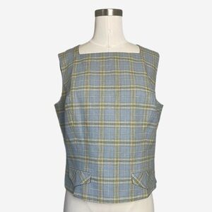 Vintage 90s Hannah Hardy Blue and yellow plaid linen square neck top preppy M/L